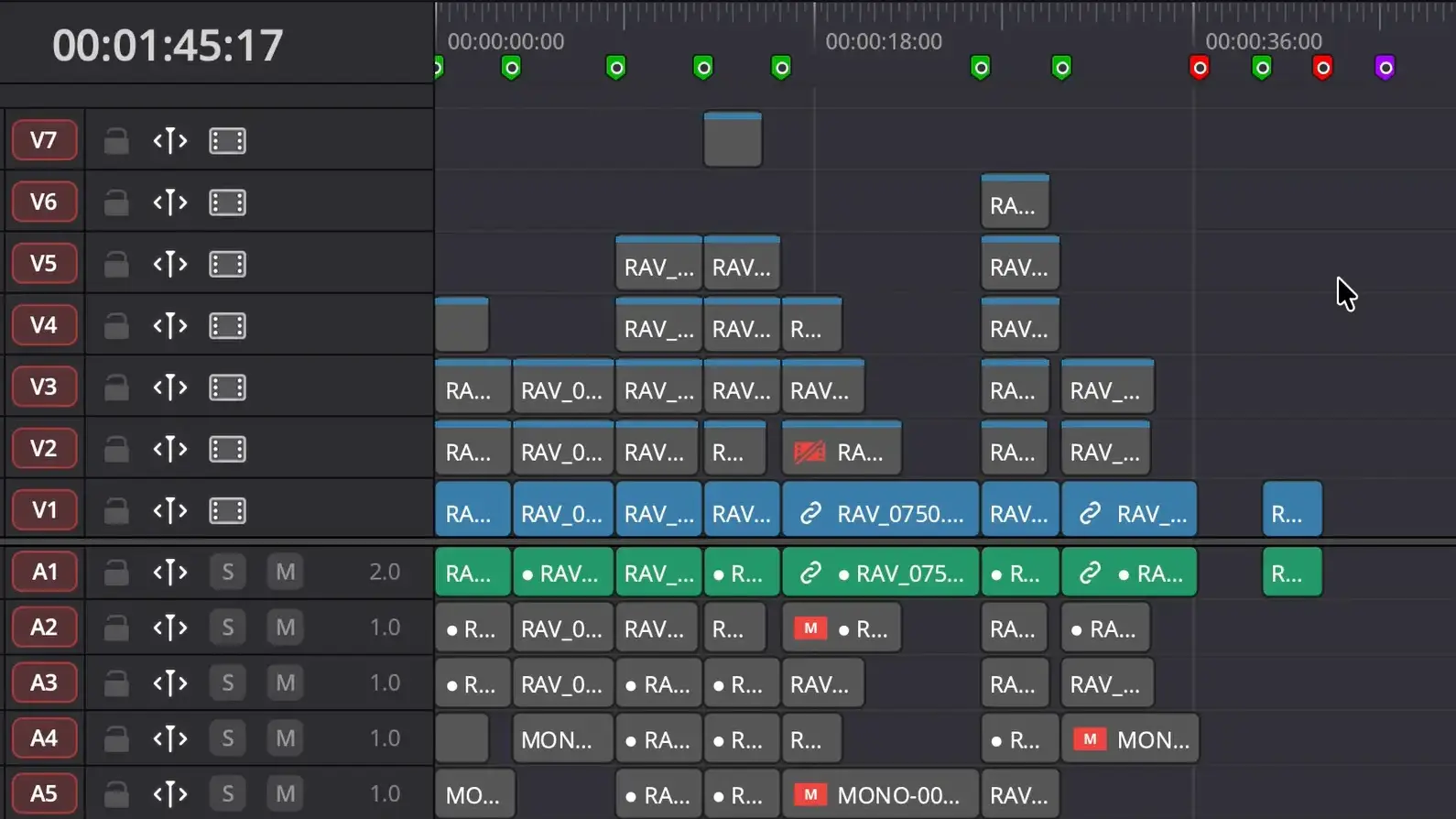 RoughCut timeline result in DaVinci Resolve — best takes on V1, alternatives stacked