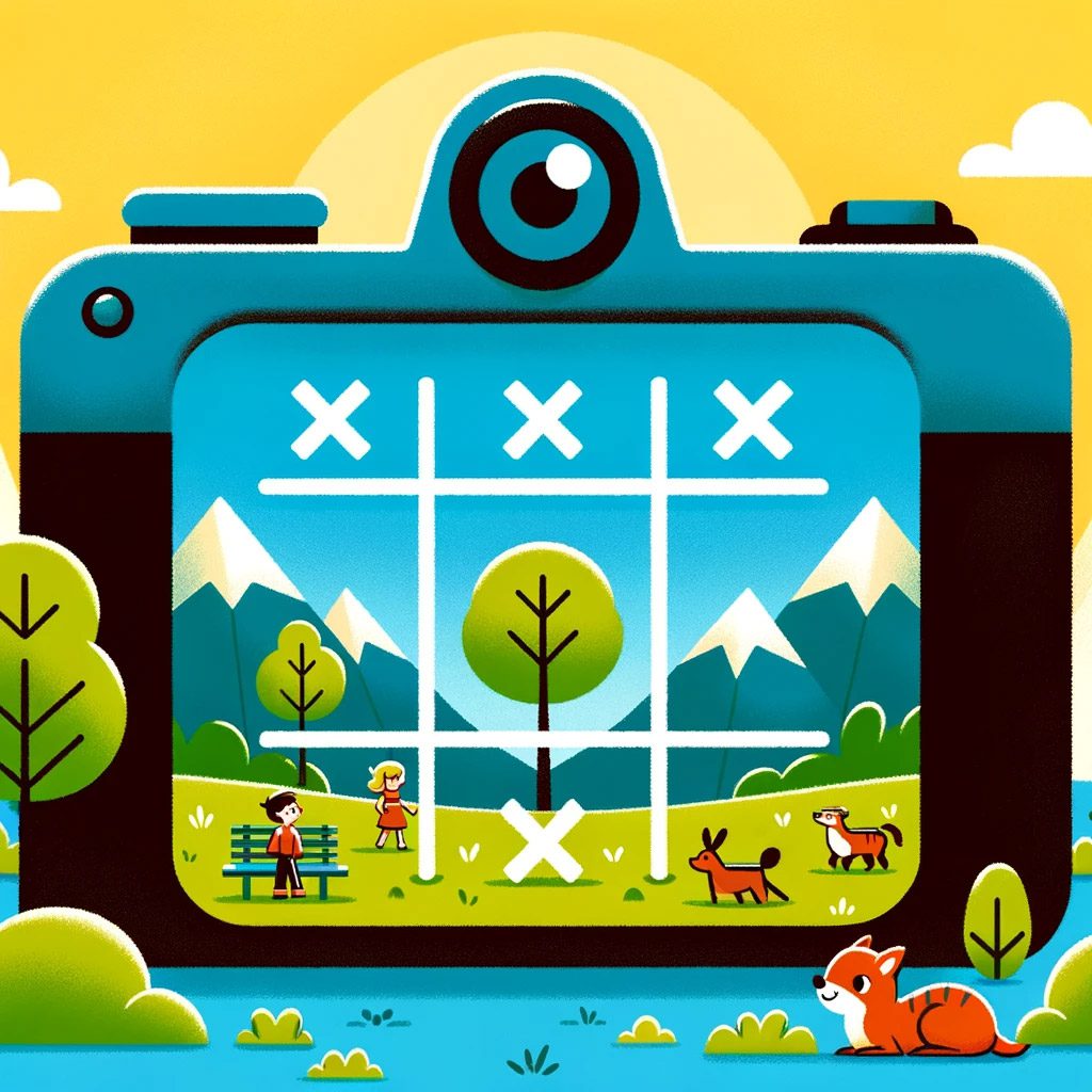 Illustration showcasing the Rule of Thirds in photography, with a tree positioned at an intersection point in a tic-tac-toe grid.