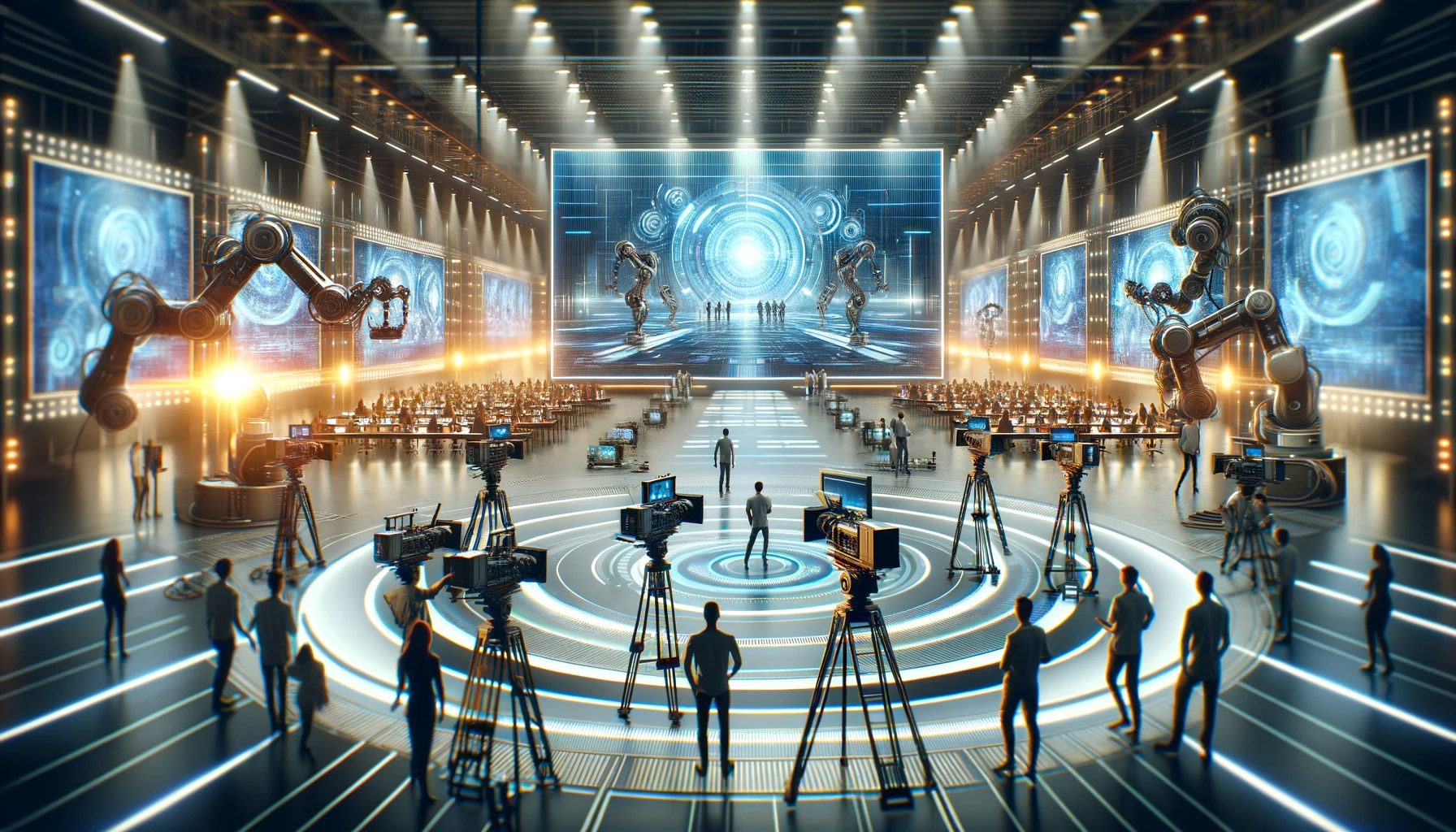 Futuristic commercial filming studio with multiple advanced robotic camera systems, a large virtual LED screen, and a diverse team working with cutting-edge videography technology.