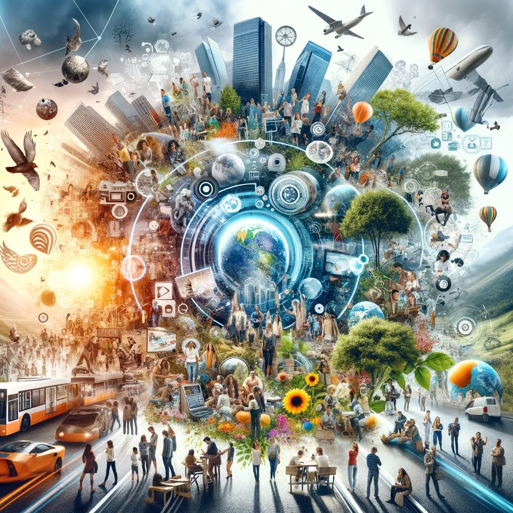 Futuristic view of diverse people engaged in everyday life with technology and nature.